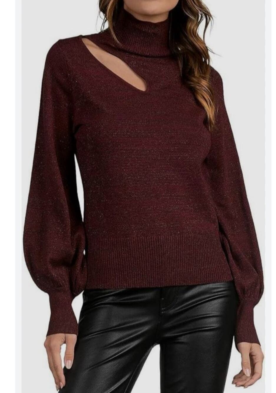 Elan Burgundy Metallic Cut Out Turtleneck Long Sleeve Sweater Knit Pullover Sz S